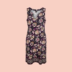 Lands End Womens Purple Floral Paisley Sleeveless Notch Neck Shift Dress Lrg 14